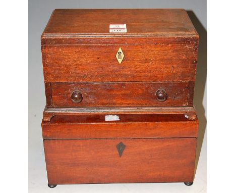 A 19th century mahogany hinge-top table box, having single lower drawer; together with a 19th century mahogany fitted tea cad