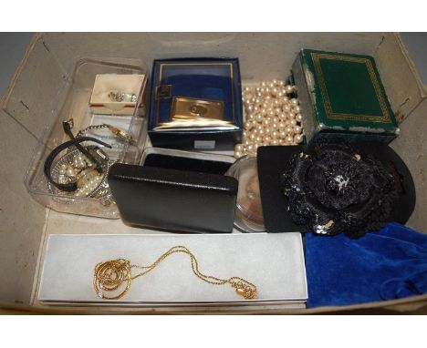 A box of costume jewellery, to include; faux pearl necklaces, bangles, earrings, ladies wristwatch etc 