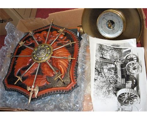A box of mixed effects to include Images of War, aneroid barometer, wall shield, photographs etc