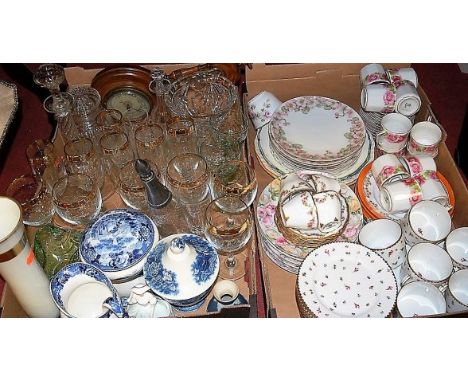 Two boxes of mixed effects to include various tea and dinner wares, pedestal wine glasses, aneroid barometer etc