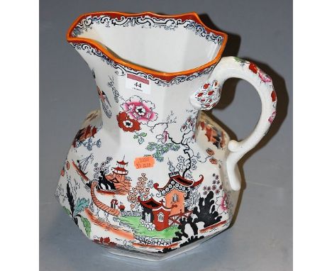 A large Masons ironstone ceramic single handled water jug of typical octagonal faceted form, height 28cm
