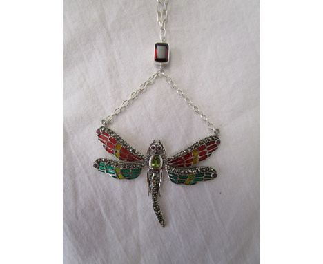 Silver champlevé enamel dragonfly pendant on chain
