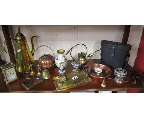 Shelf of metalware to include set of  binoculars