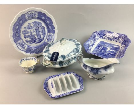 COLLECTION OF BLUE AND WHITE CERAMICS, including Spode, along with a green and white Mason's tea pot and red and white jug