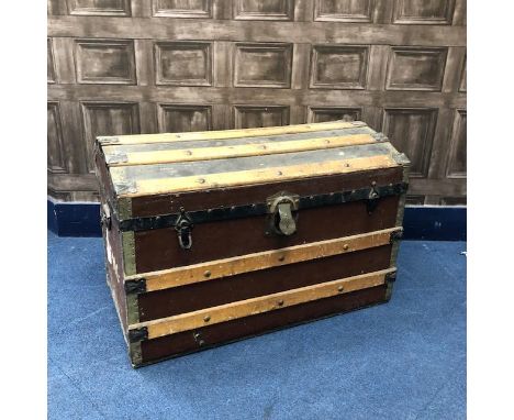 WOOD BOUND LEATHER DOMED TRAVEL TRUNK, 76cm wide, along with a vintage suitcase and a Brother typewriter