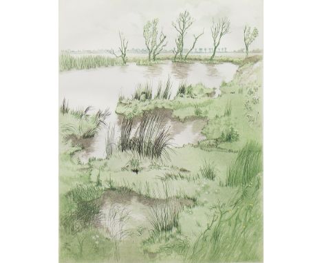 * JAN DINGLE (BRITISH), BURE SIDE, NORFOLK BROADS etching, signed, titled and numbered 2/60 32cm x 25cm Mounted, framed and u