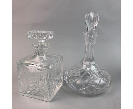 CRYSTAL DECANTERS, GLASS PISTOL AND CRANBERRY GLASS DECANTER, the largest decanter 30cm high including stopper