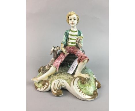CAPO DI MONTE FIGURE OF A BOY WITH A BIRD, printed marks to base, along with a small group of Wedgwood Jasperware including a