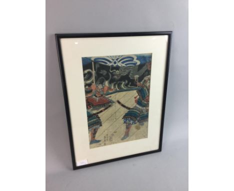 SADAMIDE (1807-1879), SAMURAI, woodblock print (section of a larger print), 33cm x 23cm; along with a companion print depicti