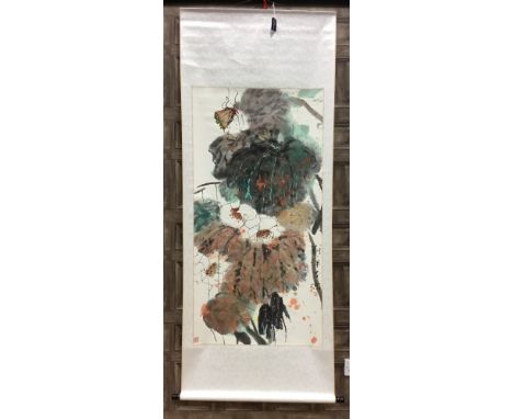 CONTEMPORARY CHINESE SCROLL PAINTING, depicting stylised flowers and butterfly, by Yang Lin, with polished wood tiangan (wood