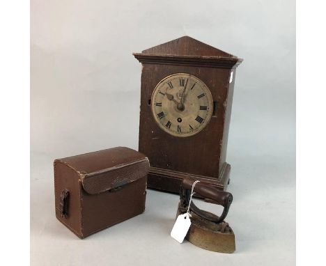 RAF OAK CASED MANTEL CLOCK, 34.5cm high, along with a Kenrick lace iron on stand, and a vintage camera (3)