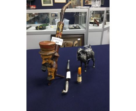 SWISS WOODEN PIPE, along with a Japanese pipe, silver mounted cigarette holder and a novelty camel lighter (4)