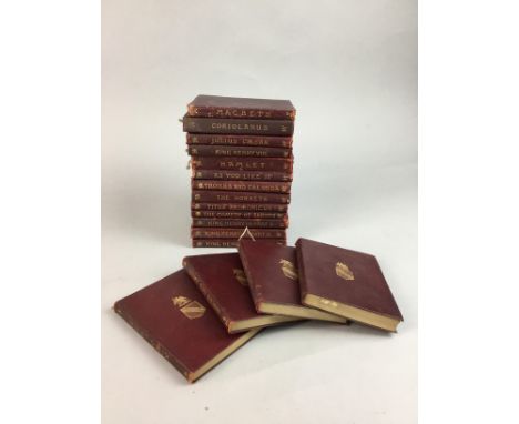 AMENDMENT- REXINE BOUND COLLECTION OF SHAKESPEARE VOLUMES, in red rexine bindings, along with a stool with floral tapestry de