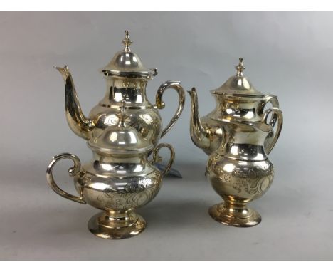 FOUR PIECE SILVER PLATED TEA SERVICE, along with other plated wares