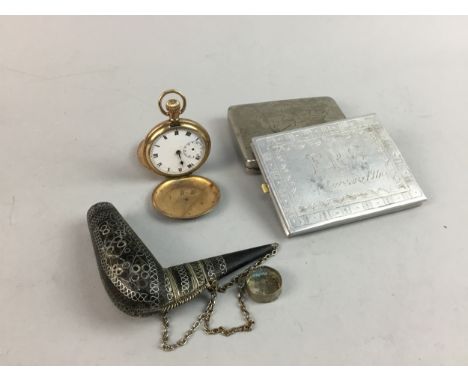 GOLD PLATED POCKET WATCH, along with cigarette cases, cheroot, Middle Easterm pipe, Masonic medallions, costume bracelets, A.