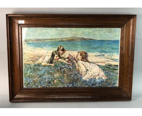 OAK FRAMED PRINT AFTER E.A. HORNEL, along with an oil on canvas and a photographic print, all framed (3)