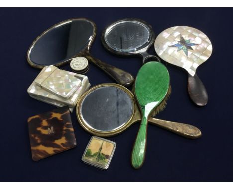 LOT OF MOTHER OF PEARL DRESSING TABLE APPOINTMENTS, including a hand mirror, a card holder and other items, along with other 