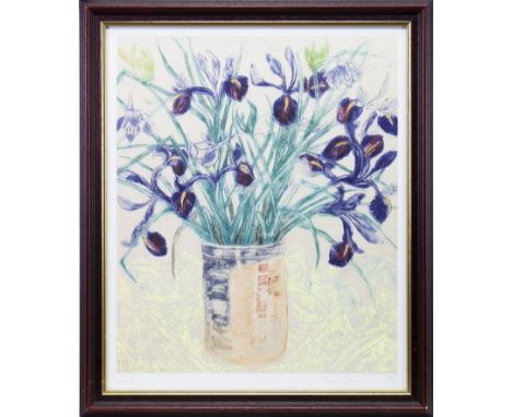 * JENNY DEVEREUX (BRITISH b 1945), IRISES lithograph, signed, titled and dated 144/250 45cm x 38cm Framed and under glass