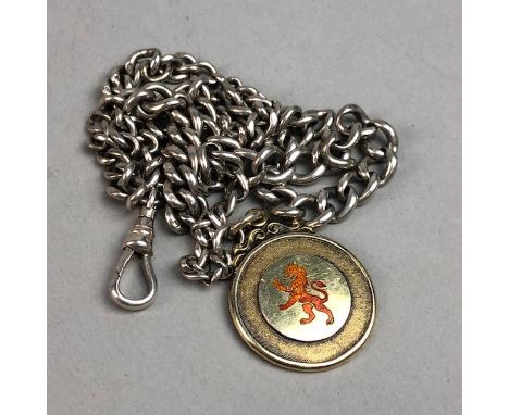 SILVER ALBERT CHAIN, with football fob, the obverse with red enamel lion rampant motif, the reverse inscribed ''L.A.F.A. Henr