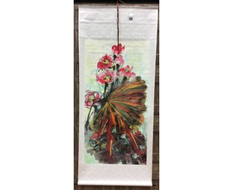 CONTEMPORARY CHINESE SCROLL PAINTING, depicting large stylised flowers, by Yang Lin, with polished wood tiangan (wood bar), 1
