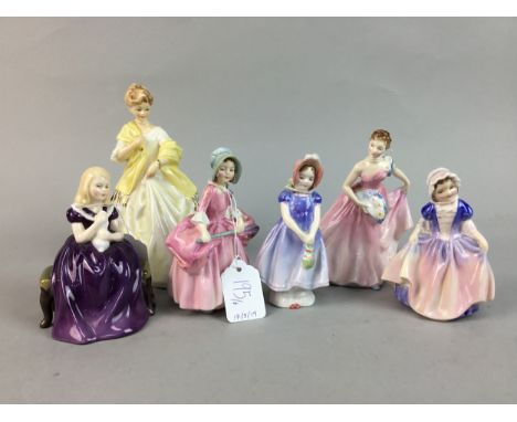 ROYAL WORCESTER FIGURE OF FIRST DANCE, modelled by F. G. Doughty, 3629, 18cm high, along with five Royal Doulton figures of l