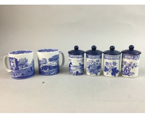 SET OF FOUR COPELAND SPODE BLUE AND WHITE LIDDED HERB JARS, 11cm high, along with two Spode blue and white mugs