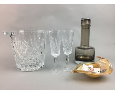 CAITHNESS GLASS DECANTER, along with a crystal ice bucket and two crystal glasses and an art glass dish