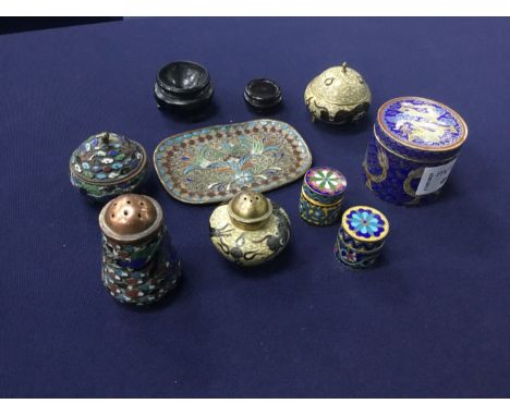 GROUP OF SMALL CLOISONNE ENAMEL JARS, POTS AND CRUETS