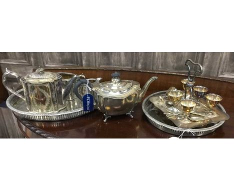 SILVER PLATED THREE PIECE TEA SERVICE, along with two trays, egg epergne and a tea pot