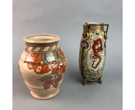 CROWN DUCAL VASE, with floral and foliage tube-lined decoration in the style of Charlotte Rhead, along with a Noritake vase, 