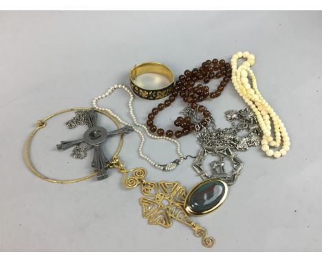 LOT OF COSTUME JEWELLERY, including beads, necklaces and wristwatches