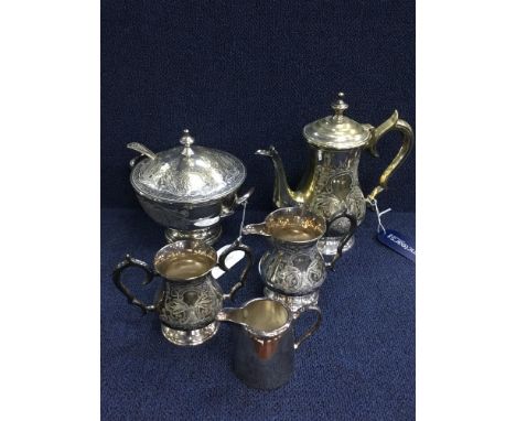 SILVER PLATED FOUR PIECE TEA AND COFFEE SERVICE, comprising tea pot, coffee pot, sugar and cream, along with other silver pla