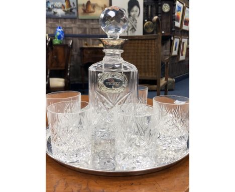 CRYSTAL DECANTER WITH A SILVER PLATED COLLAR, along with six spirit glasses and a pair of brandy goblets