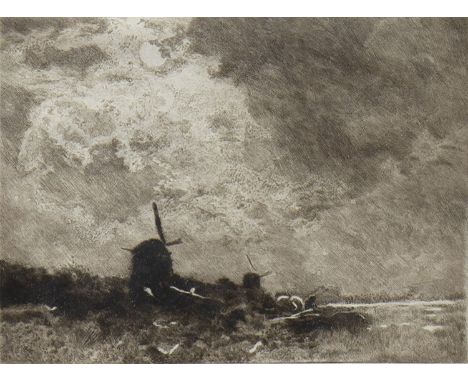 CONTINENTAL SCHOOL, DUTCH LANDSCAPE etching, signed indistinctly in pencil 15cm x 20.5cm Mounted, framed and under glass