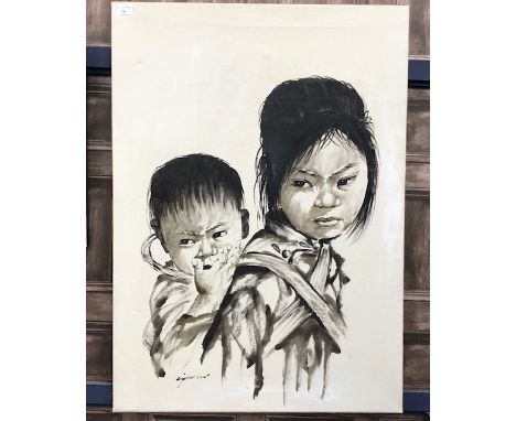 LOT OF FOUR CANVASES, including an oil portrait of a mother and child, 89cm x 63.5cm