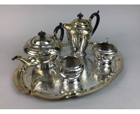 FOUR PIECE SILVER PLATED TEA SERVICE, along with a plated tray, candlestick, hip flask and other plated items