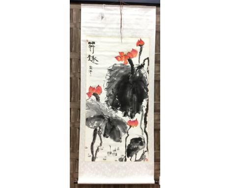 CONTEMPORARY CHINESE SCROLL PAINTING, depicting stylised flowers, by Yang Lin, with polished wood tiangan (wood bar), 187cm x