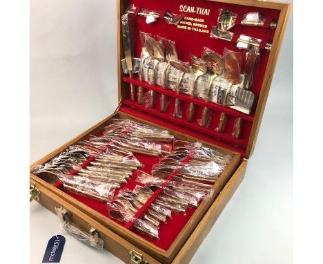 COLLECTION OF SCAN-THAI NICKEL BRONZE CUTLERY, including forks, knives, spoons and servers, contained in a fitted case, along