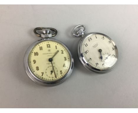 TWO METAL CASED POCKET WATCHES, including an Ingersoll example, along with pearl set jewellery, and Ingersoll watch face and 