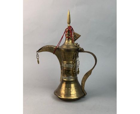 EASTERN BRASS EWER, 37cm high, along with other brass items including a mirror and kettles