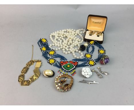 COLLECTION OF COSTUME JEWELLERY, including silver items, beads, earrings and necklaces