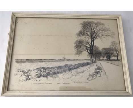 A framed and glazed pen and ink sketch of Lincolnshire Fenland…near Wragby. Signed Patterson? Approx. 20.5cm x 29.5cm.