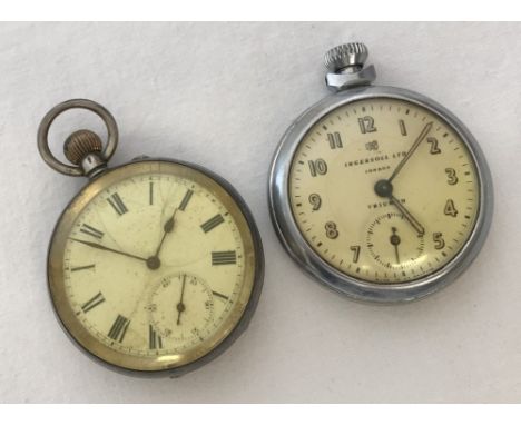 An Ingersoll Triumph chrome cased pocket watch in need of repair. Together with a vintage silver cased pocket watch also in n