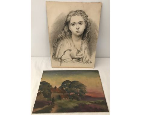 A charcoal sketch of a girl, signed N. Coppard to lower left and dated 1896. Together with an unframed oil on board signed C.