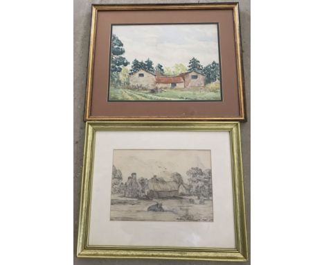 2 framed & glazed pictures by Anthony Beaumont. A watercolour of farm building date 1939 and a pencil sketch of farm building