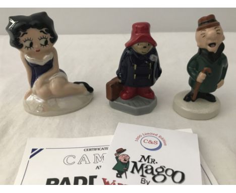 3 boxed Wade Limited Edition collectable ceramic figures with CoA's. Betty Boop #194/2000, Paddington from Camtrak Childhood 