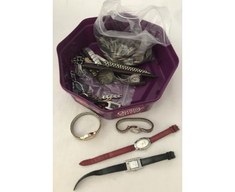 A collection of ldies watches together with a bag of vintage coins . Watches to include Daniel Hechter and Jane Shilton. 