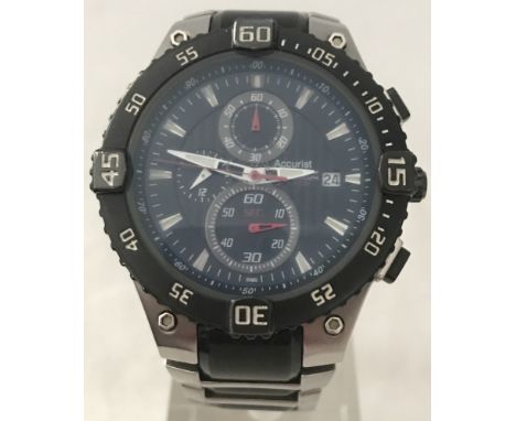 A mens Accurist Pro Timer Chronograph watch with two tone stainless steel strap and black dial. Seconds dial, water resistant