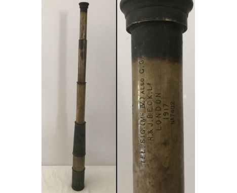 A British military WWI brass 3 drawer telescope by R & J Beck Ltd, London. Marked with war dept arrow and dated 1917. Model T