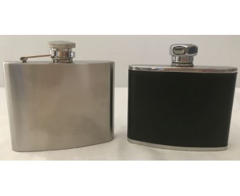 A vintage stainless steel 5oz hip flask. Together with a vintage Stainless steel and leatherette 4oz hip flask. 